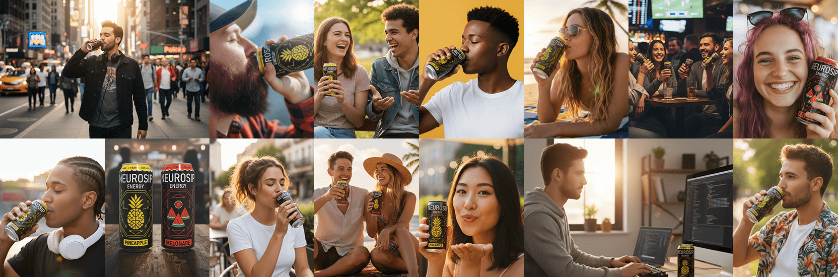 Collage of people enjoying Neurosip outdoors and indoors.