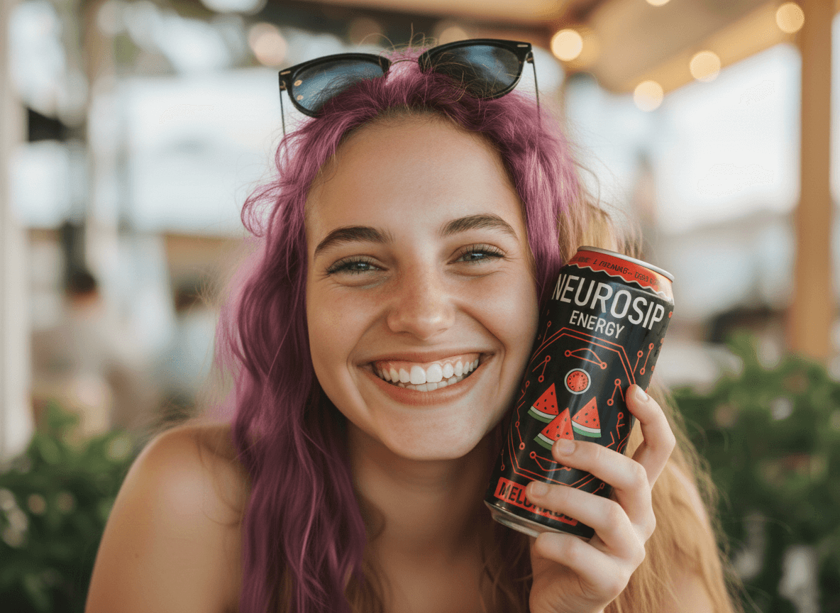 Woman holding a can of Neurosip energy drink