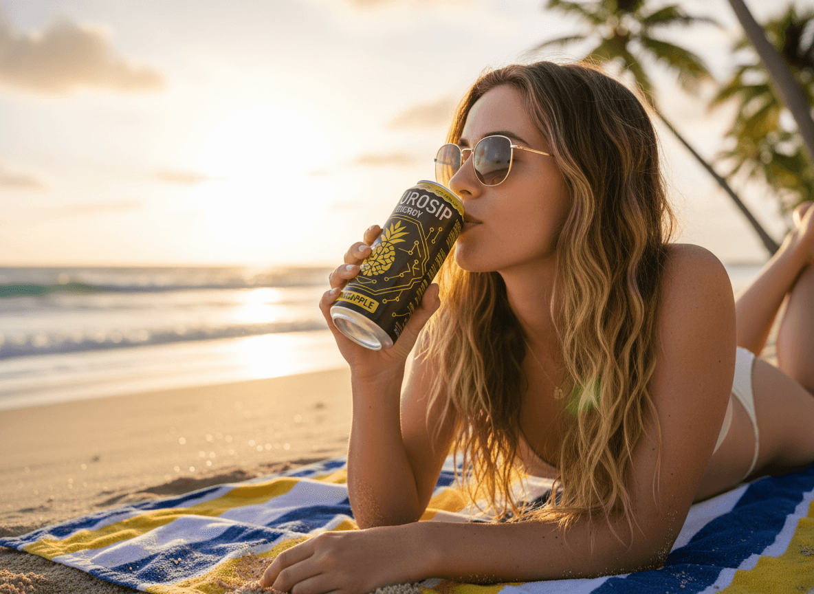 woman drinking neurosip can on the beach